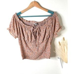 Papaya Floral Smocked Puffed Sleeve Crop Top